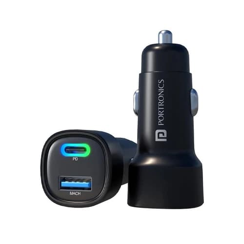 Portronics 38W Dual Output Fast Car Charger (20W Type-C PD & 18W USB) - Black